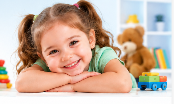 Petite fille souriante dans un univers éducatif et chaleureux